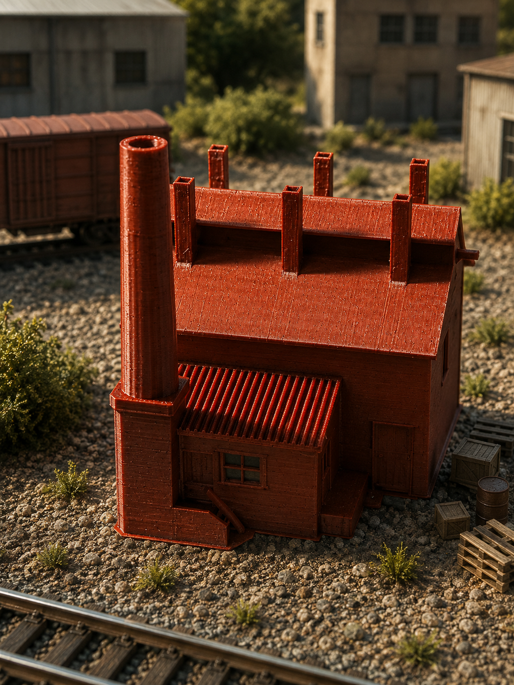 N Scale Small Factory - rear view with smokestack