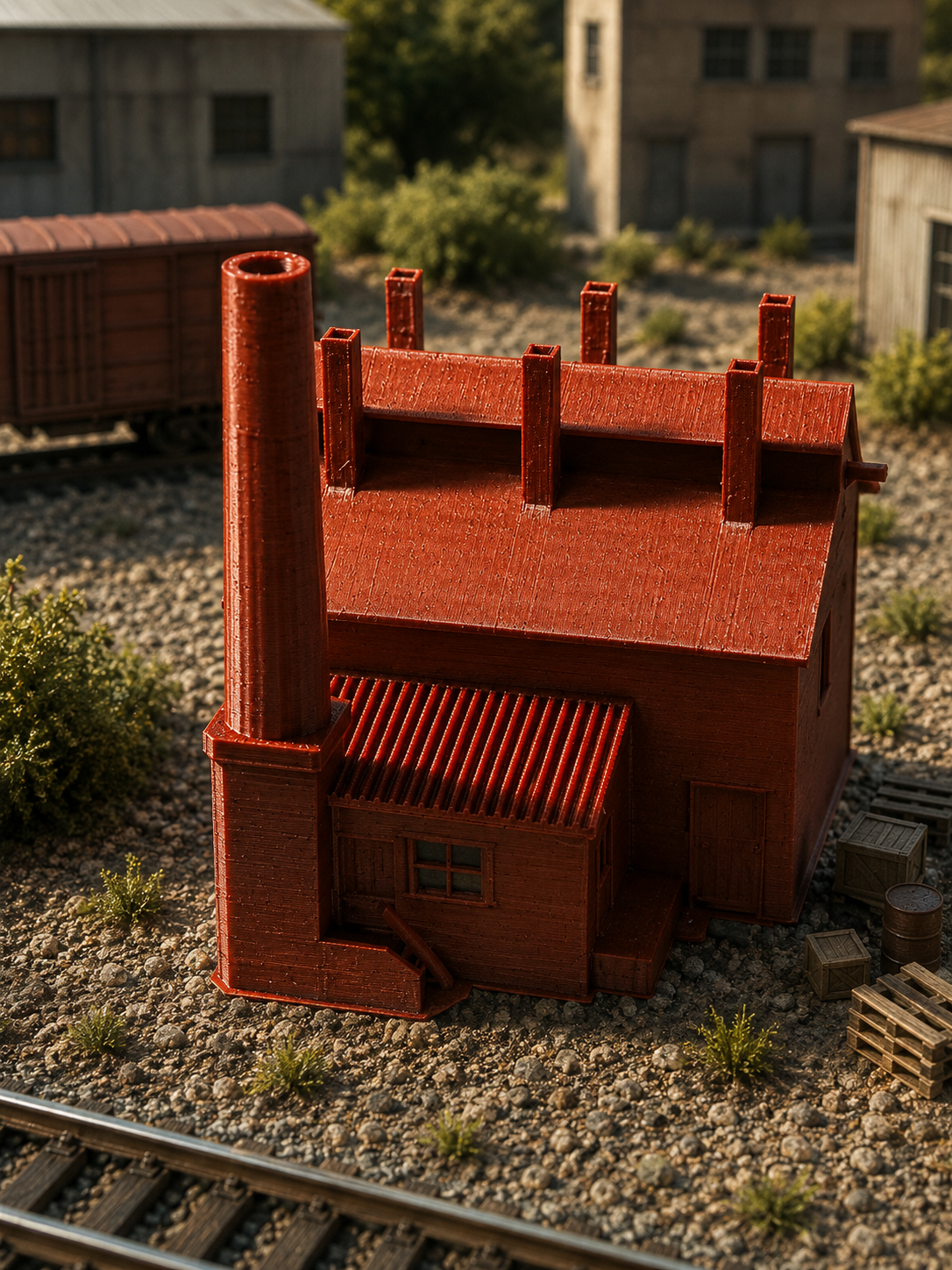 N Scale Small Factory - rear view with smokestack