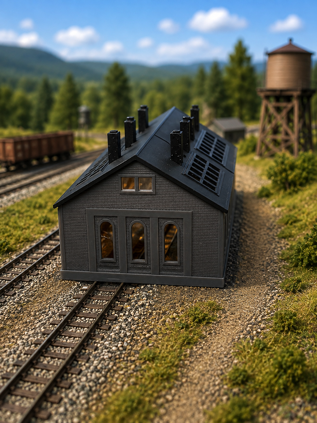 N Scale Double Engine Shed - dark charcoal end view