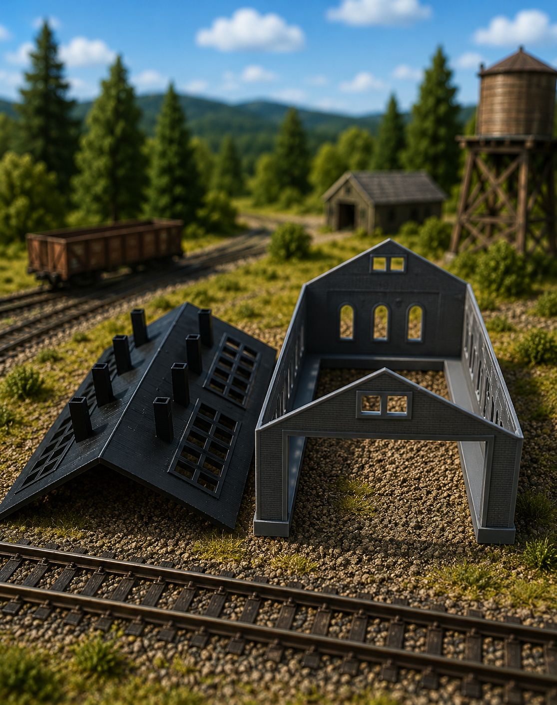 N Scale Double Engine Shed - components exploded view