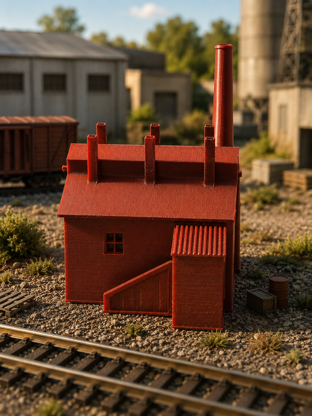 N Scale Small Factory with Smokestack – 3D Printed Model Railroad Building