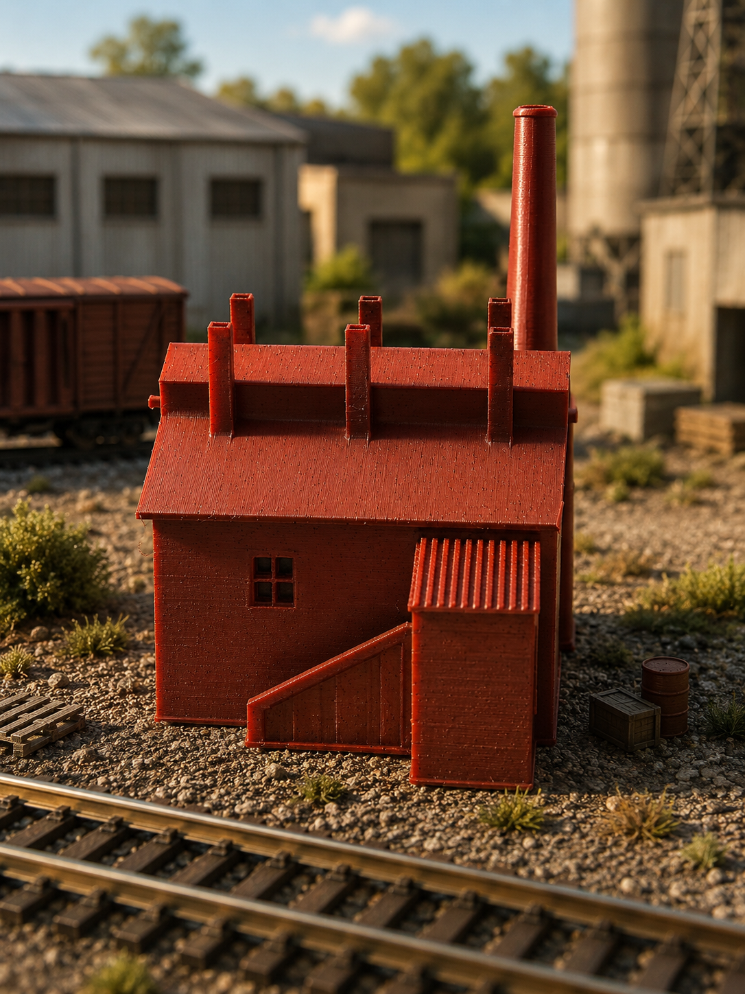 N Scale Small Factory with Smokestack – 3D Printed Model Railroad Building