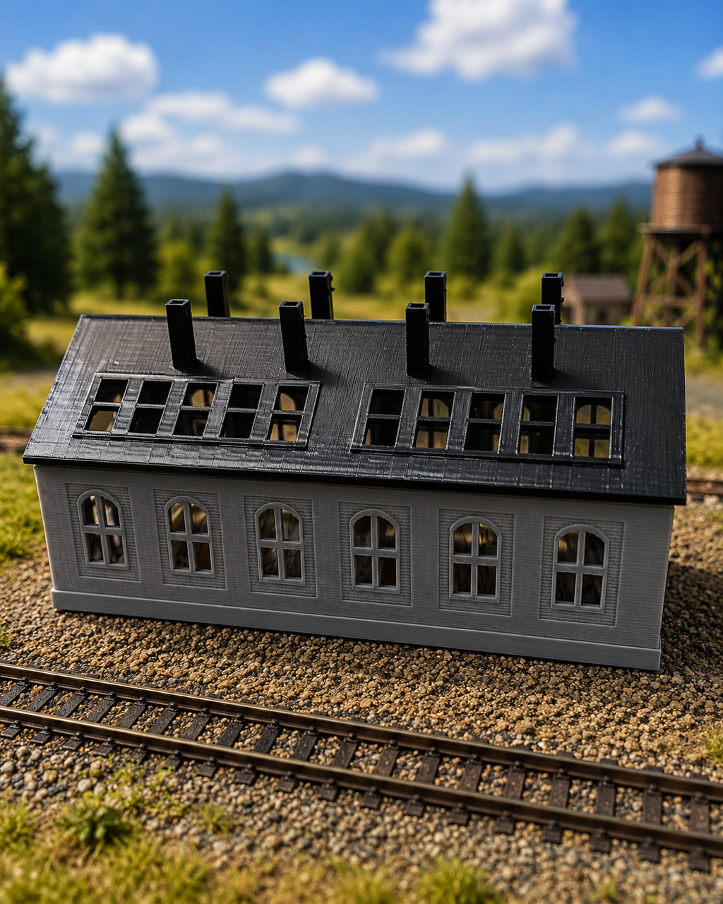 N Scale Double Engine Shed - light gray side view
