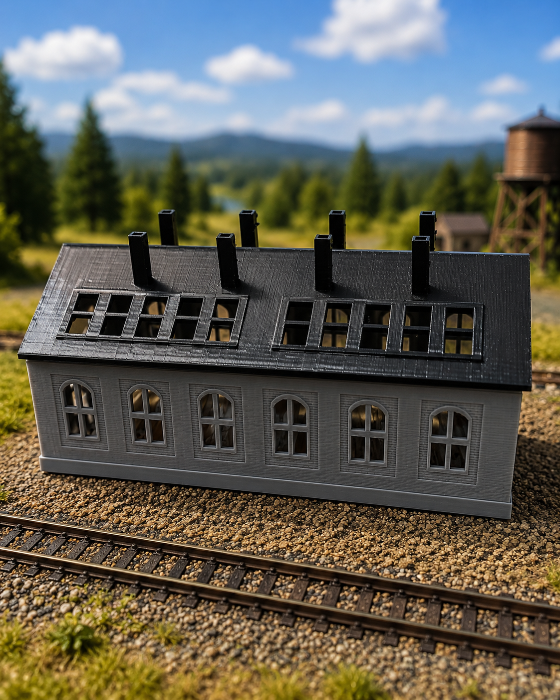 N Scale Double Engine Shed - light gray side view