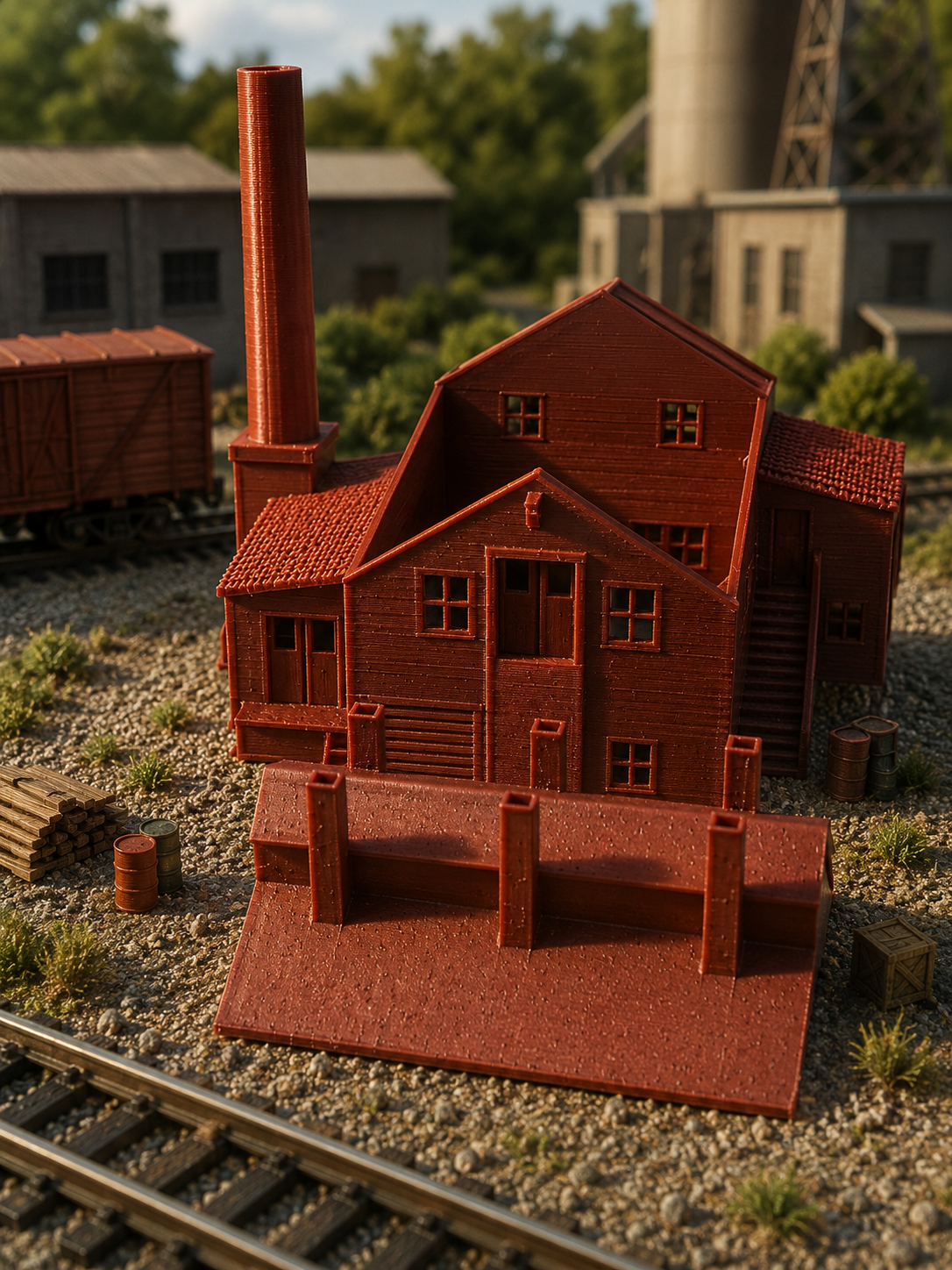 N Scale Small Factory with Smokestack - front view