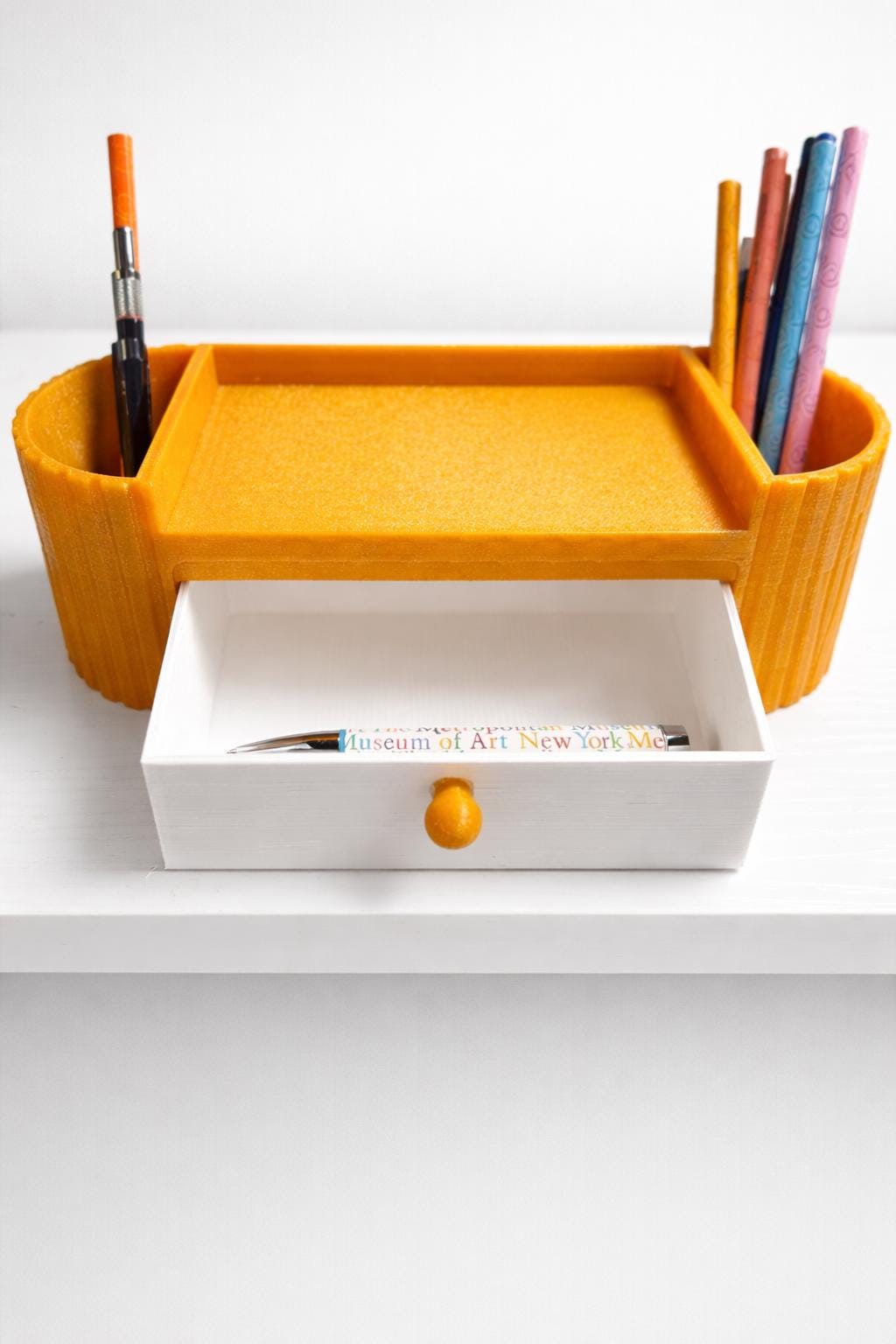 Desk Organizer with Drawer | 3D Printed Pen Holder & Storage Tray | Office Desk Organizer | Pencil Holder | Minimalist Desk Storage