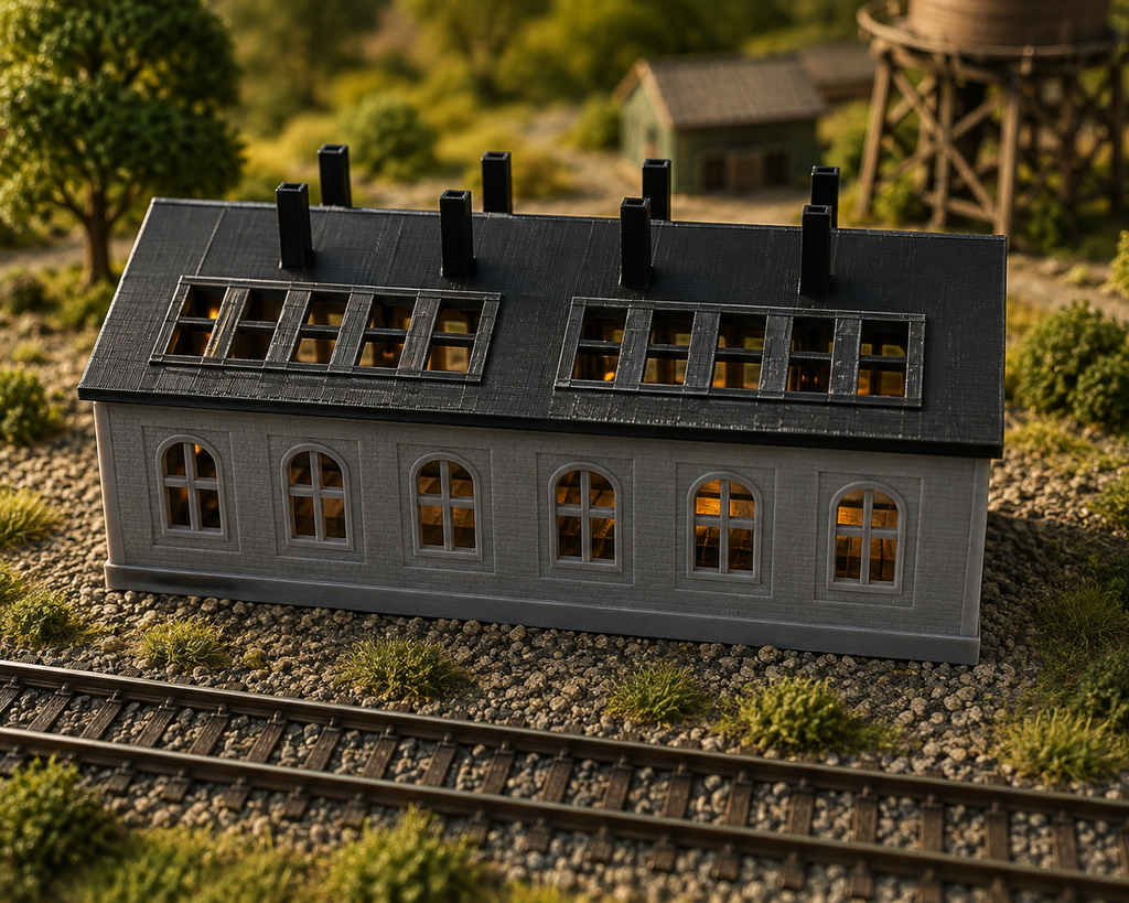 N Scale Double Engine Shed - illuminated side view