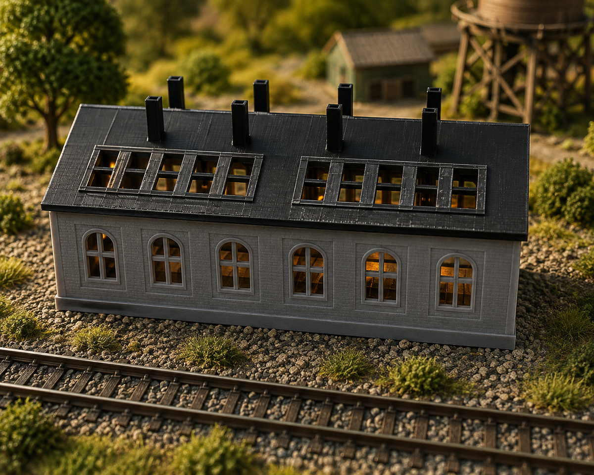 N Scale Double Engine Shed - illuminated side view