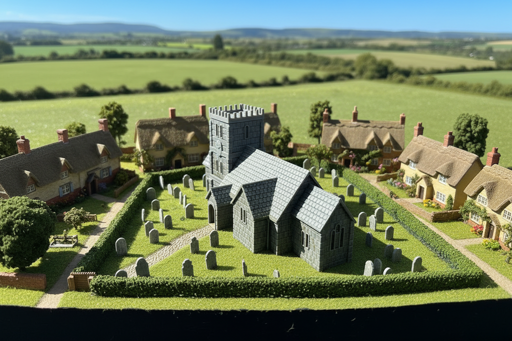 N scale UK church aerial view daylight