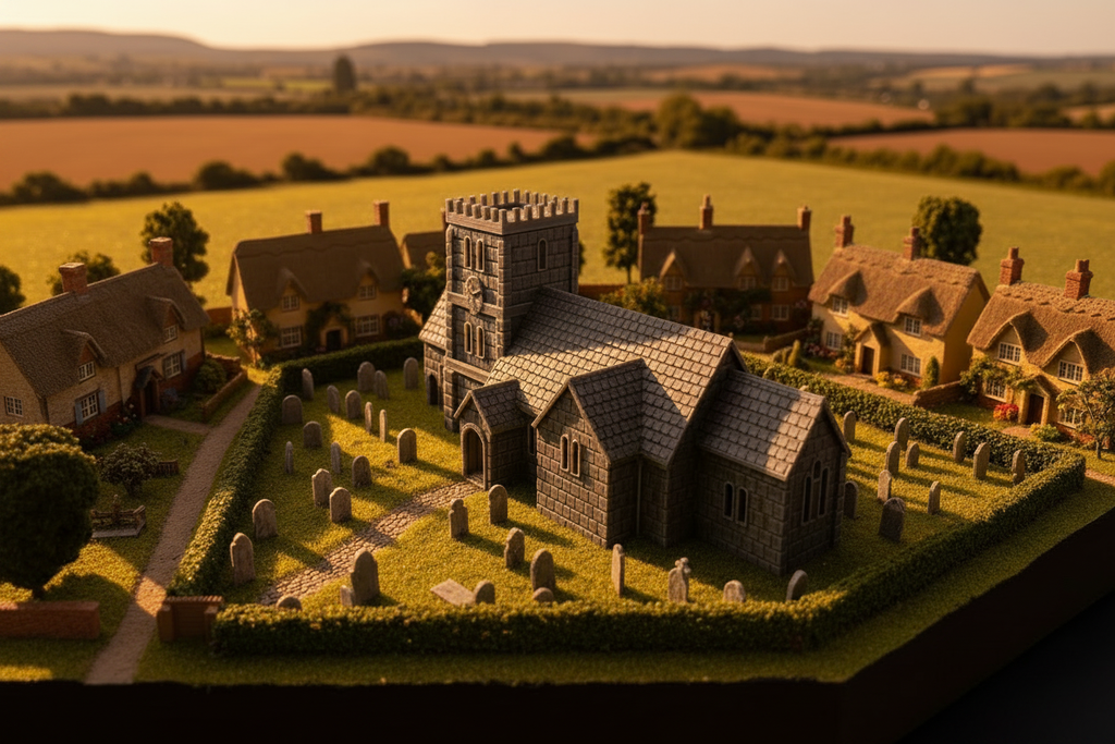 N scale UK church aerial view golden hour v2
